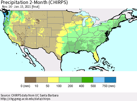 United States Precipitation 2-Month (CHIRPS) Thematic Map For 11/16/2020 - 1/15/2021