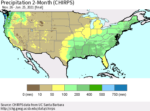 United States Precipitation 2-Month (CHIRPS) Thematic Map For 11/26/2020 - 1/25/2021