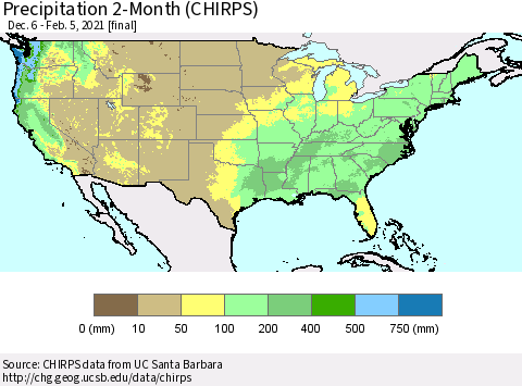 United States Precipitation 2-Month (CHIRPS) Thematic Map For 12/6/2020 - 2/5/2021