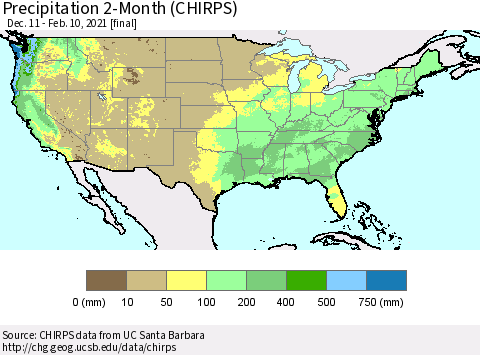 United States Precipitation 2-Month (CHIRPS) Thematic Map For 12/11/2020 - 2/10/2021