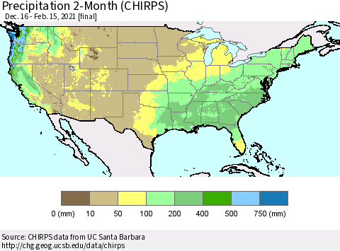 United States Precipitation 2-Month (CHIRPS) Thematic Map For 12/16/2020 - 2/15/2021