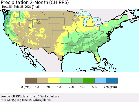 United States Precipitation 2-Month (CHIRPS) Thematic Map For 12/26/2020 - 2/25/2021
