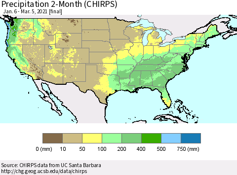 United States Precipitation 2-Month (CHIRPS) Thematic Map For 1/6/2021 - 3/5/2021