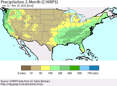 United States Precipitation 2-Month (CHIRPS) Thematic Map For 1/11/2021 - 3/10/2021