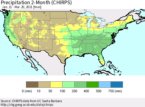 United States Precipitation 2-Month (CHIRPS) Thematic Map For 1/21/2021 - 3/20/2021