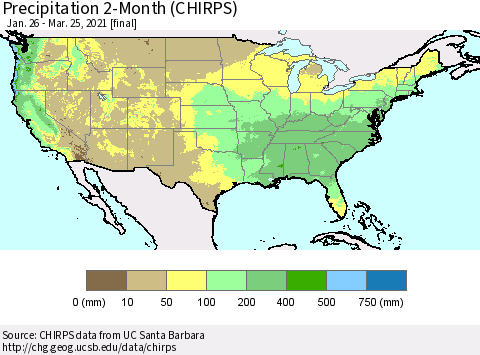United States Precipitation 2-Month (CHIRPS) Thematic Map For 1/26/2021 - 3/25/2021