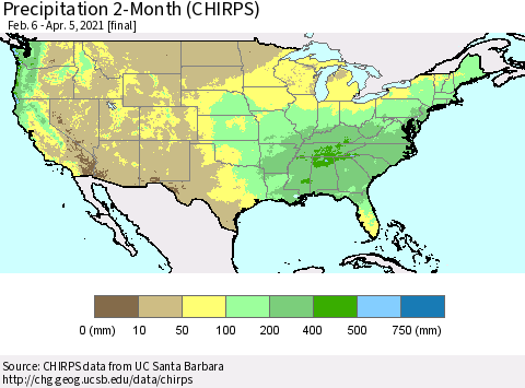 United States Precipitation 2-Month (CHIRPS) Thematic Map For 2/6/2021 - 4/5/2021