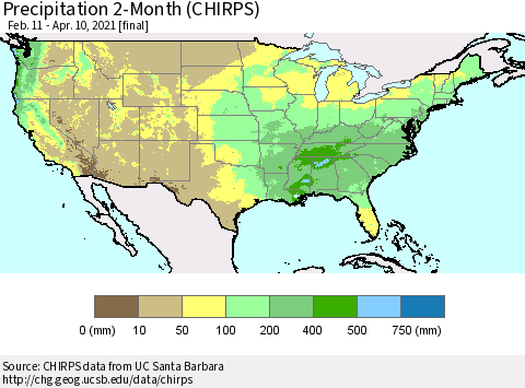 United States Precipitation 2-Month (CHIRPS) Thematic Map For 2/11/2021 - 4/10/2021