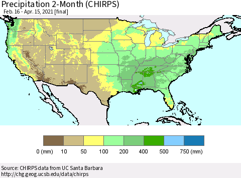 United States Precipitation 2-Month (CHIRPS) Thematic Map For 2/16/2021 - 4/15/2021