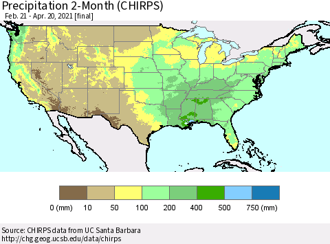 United States Precipitation 2-Month (CHIRPS) Thematic Map For 2/21/2021 - 4/20/2021