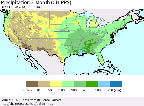 United States Precipitation 2-Month (CHIRPS) Thematic Map For 3/11/2021 - 5/10/2021
