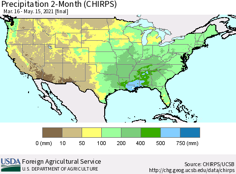 United States Precipitation 2-Month (CHIRPS) Thematic Map For 3/16/2021 - 5/15/2021