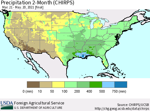 United States Precipitation 2-Month (CHIRPS) Thematic Map For 3/21/2021 - 5/20/2021