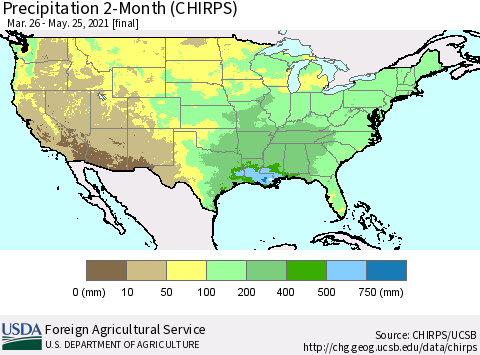 United States Precipitation 2-Month (CHIRPS) Thematic Map For 3/26/2021 - 5/25/2021