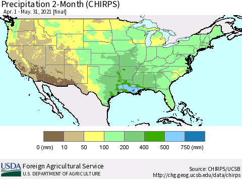 United States Precipitation 2-Month (CHIRPS) Thematic Map For 4/1/2021 - 5/31/2021