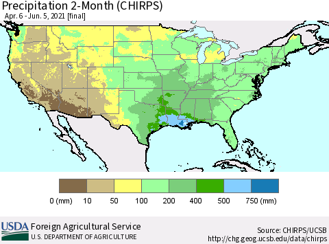 United States Precipitation 2-Month (CHIRPS) Thematic Map For 4/6/2021 - 6/5/2021