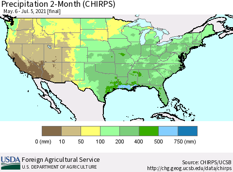 United States Precipitation 2-Month (CHIRPS) Thematic Map For 5/6/2021 - 7/5/2021