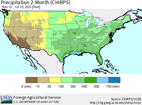 United States Precipitation 2-Month (CHIRPS) Thematic Map For 5/11/2021 - 7/10/2021