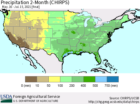 United States Precipitation 2-Month (CHIRPS) Thematic Map For 5/16/2021 - 7/15/2021
