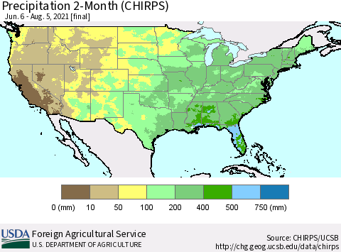United States Precipitation 2-Month (CHIRPS) Thematic Map For 6/6/2021 - 8/5/2021