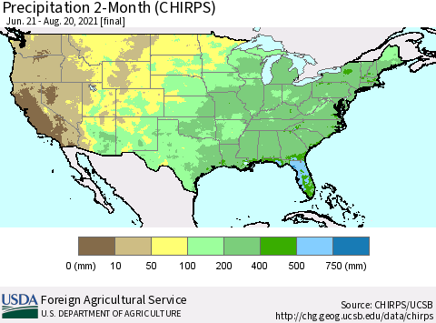 United States Precipitation 2-Month (CHIRPS) Thematic Map For 6/21/2021 - 8/20/2021
