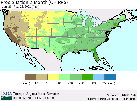 United States Precipitation 2-Month (CHIRPS) Thematic Map For 6/26/2021 - 8/25/2021