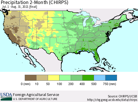 United States Precipitation 2-Month (CHIRPS) Thematic Map For 7/1/2021 - 8/31/2021