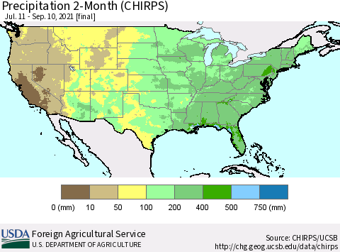 United States Precipitation 2-Month (CHIRPS) Thematic Map For 7/11/2021 - 9/10/2021