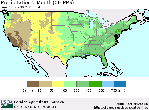 United States Precipitation 2-Month (CHIRPS) Thematic Map For 8/1/2021 - 9/30/2021
