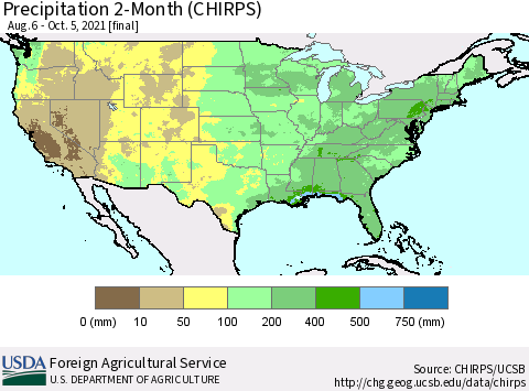United States Precipitation 2-Month (CHIRPS) Thematic Map For 8/6/2021 - 10/5/2021