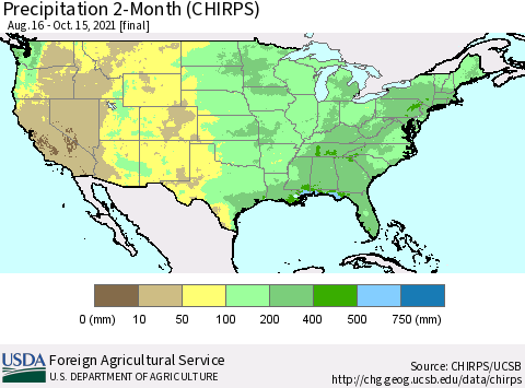 United States Precipitation 2-Month (CHIRPS) Thematic Map For 8/16/2021 - 10/15/2021