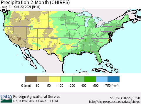 United States Precipitation 2-Month (CHIRPS) Thematic Map For 8/21/2021 - 10/20/2021