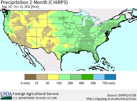 United States Precipitation 2-Month (CHIRPS) Thematic Map For 8/26/2021 - 10/25/2021