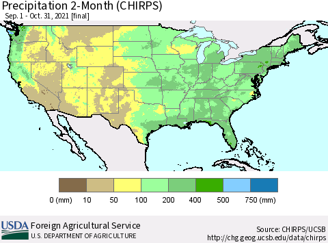 United States Precipitation 2-Month (CHIRPS) Thematic Map For 9/1/2021 - 10/31/2021