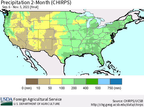 United States Precipitation 2-Month (CHIRPS) Thematic Map For 9/6/2021 - 11/5/2021