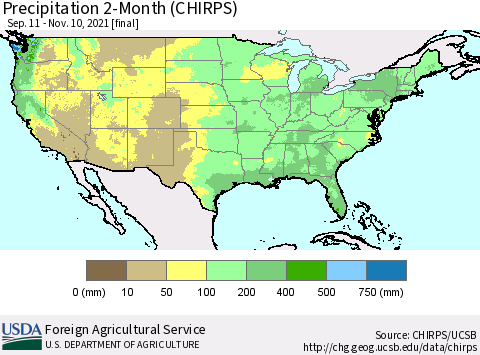 United States Precipitation 2-Month (CHIRPS) Thematic Map For 9/11/2021 - 11/10/2021