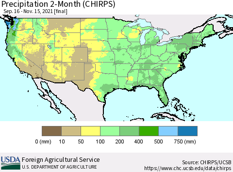 United States Precipitation 2-Month (CHIRPS) Thematic Map For 9/16/2021 - 11/15/2021