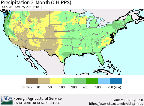 United States Precipitation 2-Month (CHIRPS) Thematic Map For 9/26/2021 - 11/25/2021