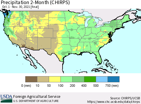 United States Precipitation 2-Month (CHIRPS) Thematic Map For 10/1/2021 - 11/30/2021