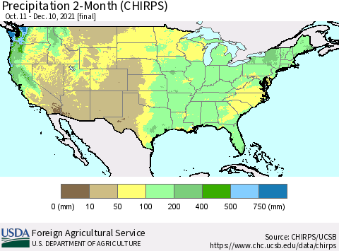 United States Precipitation 2-Month (CHIRPS) Thematic Map For 10/11/2021 - 12/10/2021