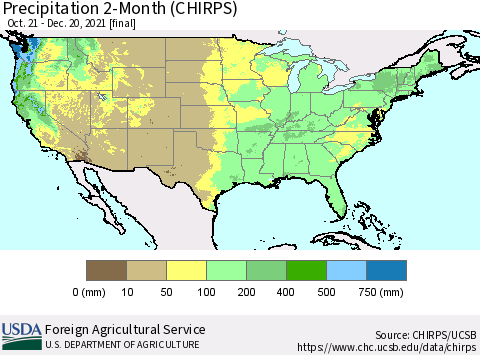 United States Precipitation 2-Month (CHIRPS) Thematic Map For 10/21/2021 - 12/20/2021