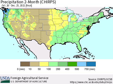 United States Precipitation 2-Month (CHIRPS) Thematic Map For 10/26/2021 - 12/25/2021