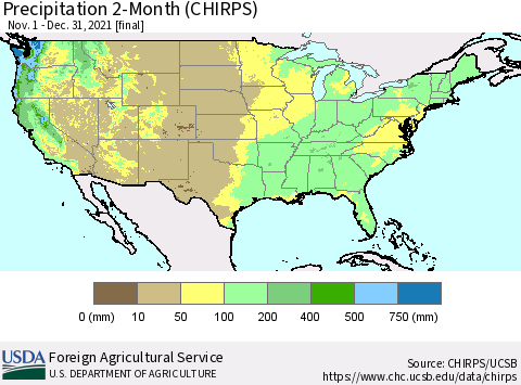 United States Precipitation 2-Month (CHIRPS) Thematic Map For 11/1/2021 - 12/31/2021