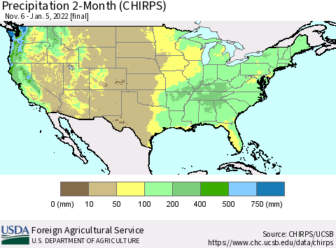 United States Precipitation 2-Month (CHIRPS) Thematic Map For 11/6/2021 - 1/5/2022