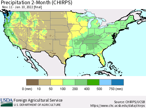 United States Precipitation 2-Month (CHIRPS) Thematic Map For 11/11/2021 - 1/10/2022