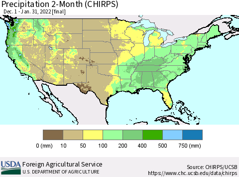 United States Precipitation 2-Month (CHIRPS) Thematic Map For 12/1/2021 - 1/31/2022