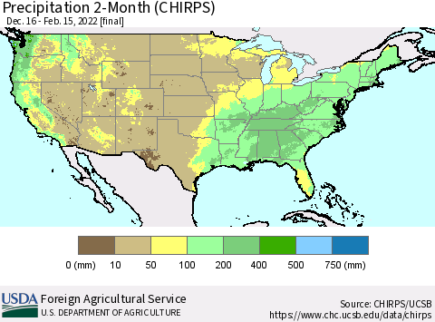 United States Precipitation 2-Month (CHIRPS) Thematic Map For 12/16/2021 - 2/15/2022