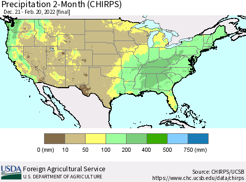 United States Precipitation 2-Month (CHIRPS) Thematic Map For 12/21/2021 - 2/20/2022