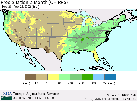 United States Precipitation 2-Month (CHIRPS) Thematic Map For 12/26/2021 - 2/25/2022