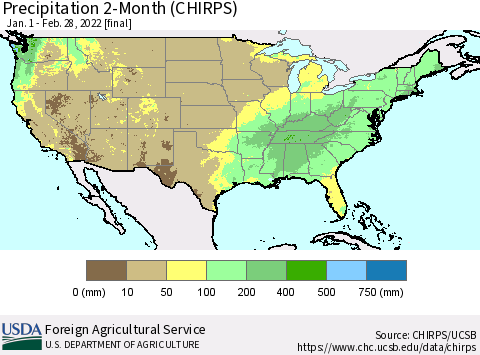United States Precipitation 2-Month (CHIRPS) Thematic Map For 1/1/2022 - 2/28/2022